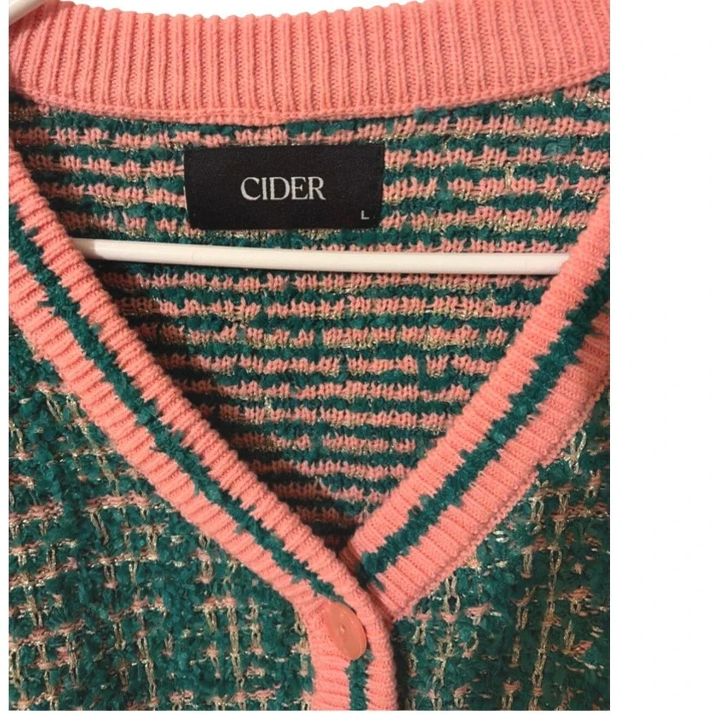 Cider Green Pink Tweed Boucle Cropped Cardigan Sweater Metallic Gold Size L